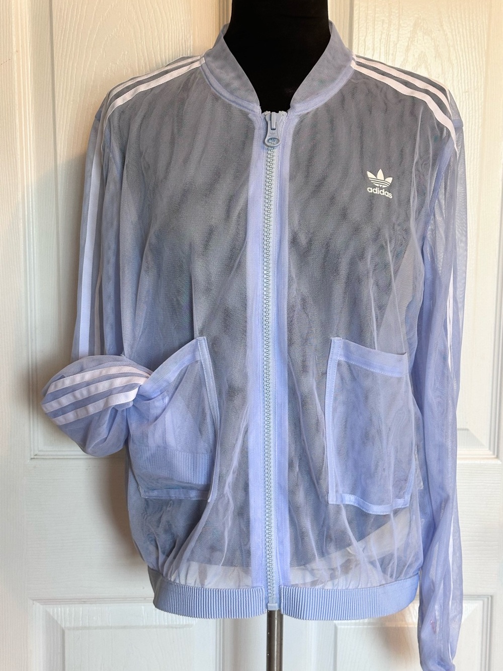 Adidas Track Top Jacket Sheer Mesh Tulle Periwinkle Blue & White Stripes Small - Picture 5 of 14